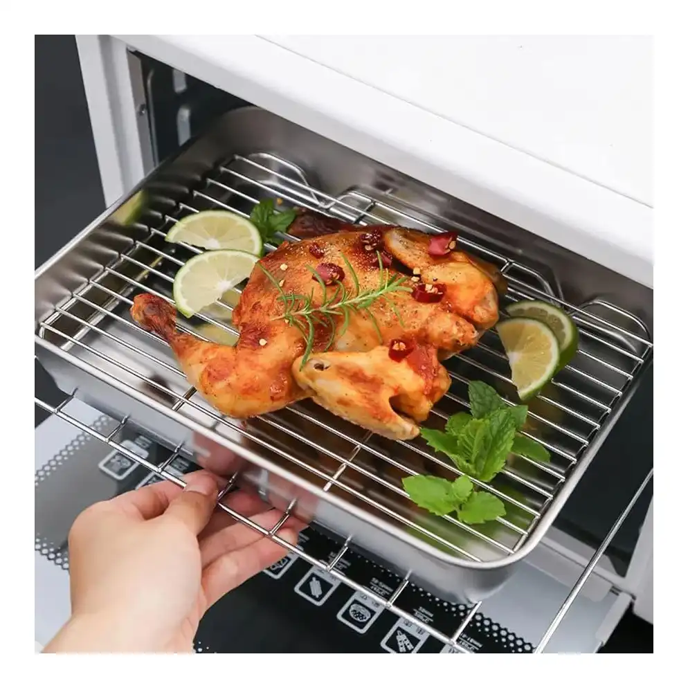 صينية تحميص من الفولاذ المقاوم للصدأ مع رف شواء، صينية فرن كبيرة بمقابض حمل لتحضير اللحوم والفراخ والأطباق المخبوزة - الصورة 3