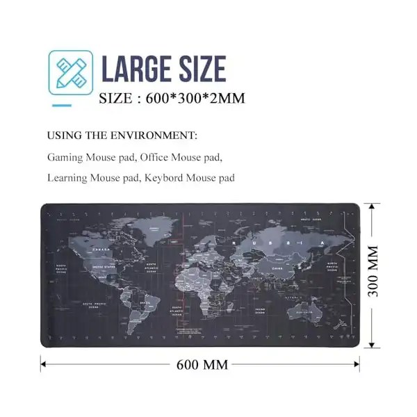 قاعدة ماوس مطاطية مضادة للانزلاق بتصميم خريطة العالم للابتوب والكمبيوتر، 60 طول × 30 عرض لون أسود - الصورة 3