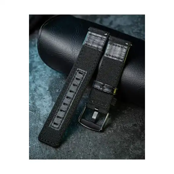 اساور ساعة كلاسيكية من القماش مع جلد طبيعي هايبرد من اف اف اتش ايه او، سوار معصم بديل بمشبك اسود 18/20/22 ملم (اسود، 22 ملم) - الصورة 4