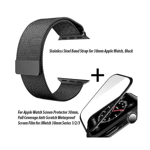 سوار ستانلس ستيل حزام مع واقي للشاشة لساعة ابل مقاس 38 ملم، اسود - الصورة 4