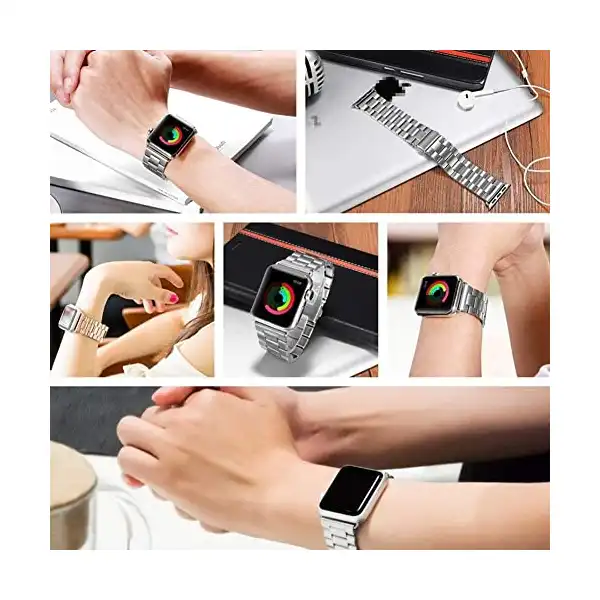 سوار معصم من الفولاذ المقاوم للصدأ 42/44 ملم لساعة ابل سلسلة 4/ 3/ 2/ 1، لون فضي - الصورة 4