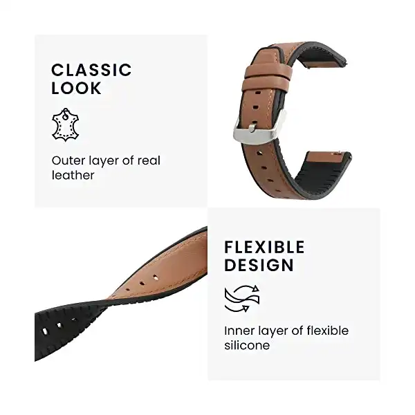 موبايل سوار معصم متوافق مع ساعة هواوي GT3 (42 ملم) / ساعة GT2 (42 ملم) / ووتش 2 - سوار رياضي من السيليكون والجلد - بني/أسود من كيه دبليو موبايل - الصورة 4