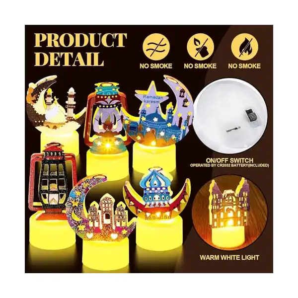 مجموعة مصابيح عيد مبارك صغيرة للاطفال مكونة من 12 قطعة من بريتوكتر، هدايا رمضان للحرف اليدوية وتزيين طاولة الشموع والعيد باضاءة LED ليلية وقمر ونجمة وشمعة لمستلزمات ديكور حفلات عيد الفطر - الصورة 4