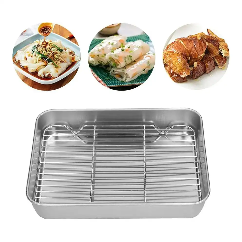 صينية تحميص من الفولاذ المقاوم للصدأ مع رف شواء، صينية فرن كبيرة بمقابض حمل لتحضير اللحوم والفراخ والأطباق المخبوزة - الصورة 4