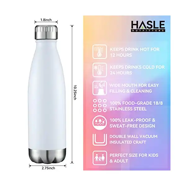 زجاجة مياه رياضية معدنية من فولاذ مقاوم للصدأ معزولة بتقنية التفريغ الهوائي بجدار مزدوج مطلية بمسحوق قابلة لإعادة الاستخدام، تحافظ على المشروبات ساخنة وباردة من هاسل اوتفيترز، أبيض، 502 مل قطعة واحدة - الصورة 4