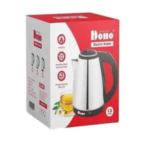 HOHO Electric Kettle High Quality Stainless steel - 1500W - 1.5L غلاية كهربائية بهيكل من الفولاذ المقاوم للصدأ من هوهو، صنعت في مصر، قطعة واحدة، لون أسود وفضي