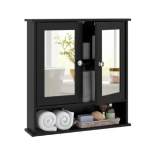 دولاب حمام يثبت على الحائط مع أبواب بمرايا مزدوجة، منظم خشبي معلق مع أبواب ورفوف، خزانة بمرايا حائط للحمام من تانجكولا (أسود)