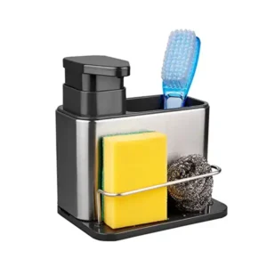 موزع صابون لحوض المطبخ من ريد كول، حامل اسفنجة 3 في 1 لحوض المطبخ، منظم حوض المطبخ من الفولاذ المقاوم للصدأ برف تجفيف، موزع صابون اطباق مقاوم للصدأ وحامل فرشاة يوضع على سطح رخامة المطبخ، فضي