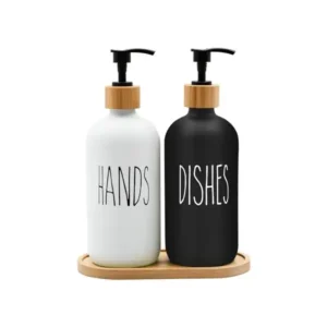 مجموعة موزع صابون الأطباق من ام اف بي جيه اكس سي، مع صينية من الخيزران، مجموعة موزع صابون للمطبخ، مجموعة موزع صابون لليد والأطباق من الزجاج المطفي لديكور المطبخ - أبيض وأسود