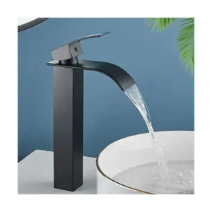 خلاط حوض مرتفع بذراع واحد من النحاس الأصفر بتصميم شلال مياه لديكور المنازل من ماينوسي (أسود غير لامع)