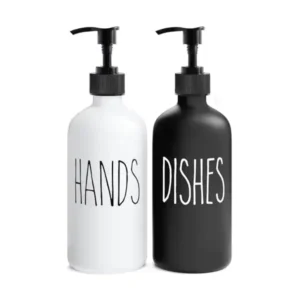 موزع صابون مجموعة من قطعتين من موميمو، تحتوي على موزع صابون الأطباق وموزع صابون اليدين. موزع صابون زجاجي بسعة 473 مل، مزود بمضخات بلاستيكية سوداء، لإضافة لمسة أنيقة لديكور المطبخ الأبيض والأسود أسود