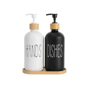 مجموعة موزع صابون زجاجي من بينلاين، تحتوي على موزع صابون لليدين وصابون الأطباق، مناسب لتزيين الحمام والمطبخ (لون أسود وأبيض) (أبيض (اليدين) أسود (الأطباق))