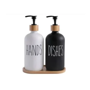 طقم ديسبنسر زجاجي من Next Store – عبوتان للتنظيف الأبيض والأسود مع قاعدة من خشب البامبو – تصميم أنيق للحمام والمطبخ، مثالي للصابون وسائل الصحون