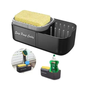 موزع صابون الأطباق للمطبخ 3 في 1 مع إسفنجة مضخة يوضع على سطح الطاولة وبه حامل لغسل ولحوض المطبخ وصندوق تخزين أدوات التنظيف 355 مل
