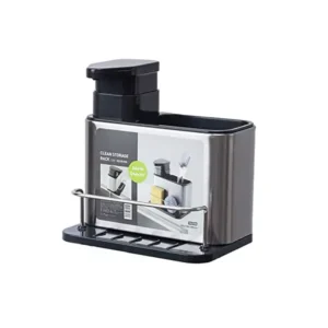 موزع صابون 3 في 1 من تيفمبيا مع حامل إسفنجة وحامل فرشاة، منظم حوض المطبخ مع مضخة بلاستيكية وحامل إسفنجة من الفولاذ المقاوم للصدأ لتخزين وتنظيم الحوض