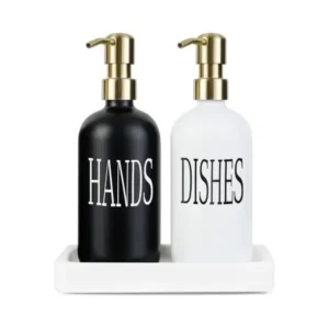 موزعات صابون مع مضخات من فولاذ مقاوم للصدأ وصينية بورسلين 100%، مجموعة زجاجات زجاج لغسول اليدين لحوض المطبخ والحمام مقاومة للماء من ايمرسون اسينشيالز، 455 مل، قطعتين (أبيض/أسود/ ذهبي مطفي)