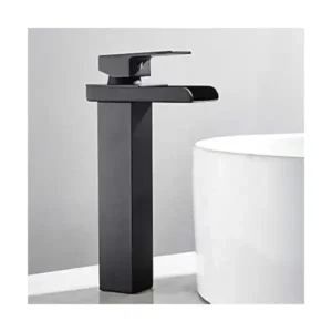 حنفية خلاط حوض ساخن وبارد بهيكل ممتد من سلسلة لاكشري شلال ممتد من اكويين، أسود