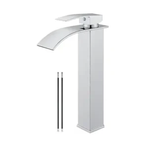 حنفية شلال طويلة ومطلية بالكروم بمقبض واحد وفتحة واحدة تثبت على سطح الحوض مع خلاط مستطيل وكبير لحوض الحمام من ايرويدا