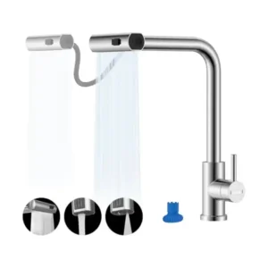 خلاط مطبخ بتصميم شلال مع بخاخ قابل للسحب من دايون، خلاط صنابير حوض من الفولاذ المقاوم للصدأ SUS304 مع 3 وظائف، صنبور مطبخ بمقبض واحد دوار 360 درجة بفتحة واحدة، صنبور مطبخ UK G1/2، تصميم مصقول