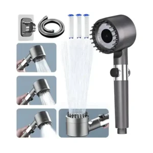 راس دش عالي الضغط وموفر للمياه مع خرطوم دش بطول 1.45 م وحامل دش، 3 أوضاع قابلة للتعديل، راس دش مضاد للرواسب الكلسية مع زر إيقاف الماء