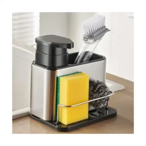 موزع صابون وإسفنجة 3 في 1 مصنوع من الفولاذ المقاوم للصدأ والبلاستيك، منظم حوض المطبخ مع صينية تصريف وحامل فرشاة لسطح العمل من بارسوفي