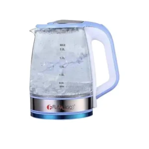 غلاية كهربائية من فلامينجو باللون الأسود، مصنوعة من الزجاج البايركس، مع ميزة الإيقاف الأوتوماتيكي، سعة 2.2 لتر