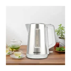 غلاية كهربائية من ميدياتك بلون فضي وأبيض، مصنوعة من البلاستيك، مع ميزة الإيقاف التلقائي والتحكم في درجة الحرارة وقاعدة مضادة للانزلاق، سعة 1.7 لتر