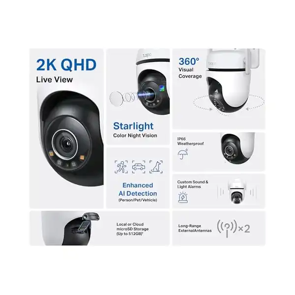 كاميرا مراقبة خارجية سلكية بدقة 2K QHD بزاوية مائلة، تغطية 360 درجة، رؤية ليلية ملونة بتقنية ستار لايت حتى 30 متر، كشف الأشخاص والحيوانات والمركبات، وضع خصوصية فعلي من تابو، موديل Tapo C520WS - الصورة 2