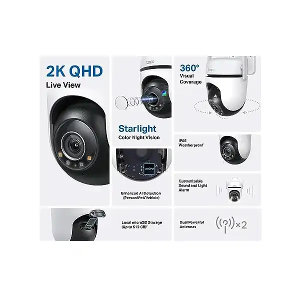 كاميرا مراقبة واي فاي 2K من تابو تي بي لينك، مقاومة للطقس IP66، كشف ذكاء اصطناعي، تغطية بصرية 360 درجة، رؤية ليلية ملونة ستارلايت، تخزين سحابي ومحلي، تعمل مع اليكسا وجوجل هوم C520WS - الصورة 2