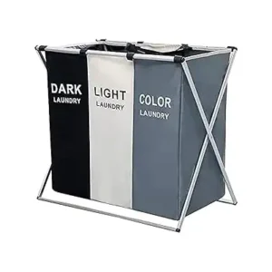 سبت غسيل قابل للطي، سبت فرز ملابس بإطار ألومنيوم وتصميم مقسم لـ 3 أقسام، كيس تخزين الملابس المتسخة للحمام وغرفة النوم والمنزل من نيكومي، سعة 137 لتر، مقاس 68 × 38 × 60 سم (أبيض + رمادي + أسود)