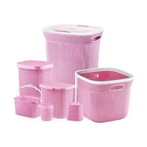 طقم نيت 7 قطع من الوطنيى يتضمن: 1 سلة ملابس بغطاء / 1 سلة ملابس / 2 سلة قمامة بغطاء / 1 فرشاة تواليت / 2 سلة متعددة الاستخدام (وردي)