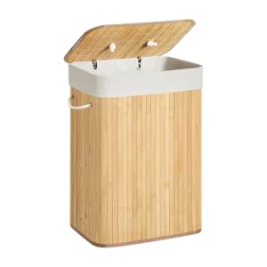 سبت غسيل من البامبو قابل للطي مع غطاء، سلة تخزين للملابس المتسخة من البامبو، سبت غسيل بمقابض حبل وبطانة قابلة للإزالة، مناسب لغرفة الغسيل وغرفة النوم من مايليندي، مقاس 60 × 40 × 30 سم