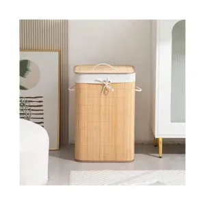 سلة غسيل صديقة للبيئة قابلة للطي من الخيزران مع غطاء (طراز PRNT-81) من هوم ستوري، مقاس كبير - سعة 81 لتر - بلون بني فاتح