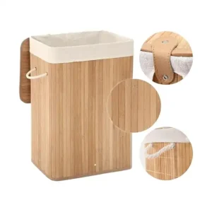 سبت غسيل من البامبو مع غطاء للملابس المتسخة بمقبض قابل للطي، منظم تخزين مع غطاء، سعة 80 لتر