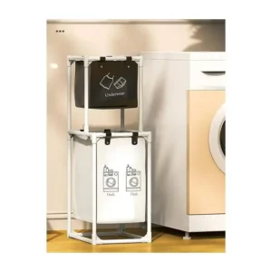 سلة غسيل مكونة من أقسام مختلفه، سلة غسيل مع عجلات دوارة قابلة للقفل وحقيبة قابلة للإزالة لتخزين الملابس وتنظيمها (2 طبقات - 2 اقسام)