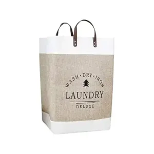 سبت غسيل قابل للطي منظم أنيق مع مقبض للغرفة لتخزين الملابس للحمام والمنزل، لون بيج