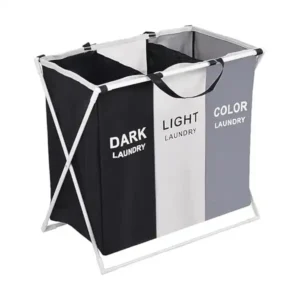 سبت غسيل كبير قابل للطي مع 3 أقسام تخزين - قماش، مقابض معززة، إطار معدني، شنطة سلة للملابس المتسخة لتنظيم الملابس المتسخة قبل الغسيل (64.5 × 37.5 × 58 سم)
