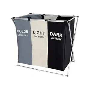 سلة فرز الملابس قابلة للطي من 3 أقسام مع إطار من الألومنيوم، شنطة تخزين الملابس المتسخة للحمام وغرفة النوم والمنزل، مقاس 66 × 38 × 58 سم (سعة 145 ل، ثلاثة ألوان)