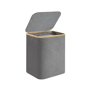 سلة غسيل مع غطاء، سبت غسيل سعة 60 لتر بمقابض من البامبو لتخزين الملابس والألعاب، سلة تخزين قائمة بذاتها قابلة للطي مع شنطة داخلية قابلة للإزالة لغرفة النوم والحمام من روتيت كولور، لون رمادي