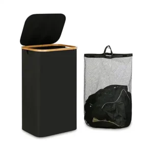 سبت غسيل قابل للطي مع غطاء وأكياس داخلية قابلة للإزالة من ميلند، سلة غسيل كبيرة مع مقبض لغرفة النوم والمنزل والحمام، 100 لتر (أسود)