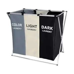 سلة غسيل قماش بتصميم محمول قابل للطي ومضاد للماء بـ 3 أقسام سعة 135 لتر من يولمي، سلة مقسمة للملابس المتسخة للوضع في غرفة النوم والحمام، (لون أسود ورمادي وأبيض)