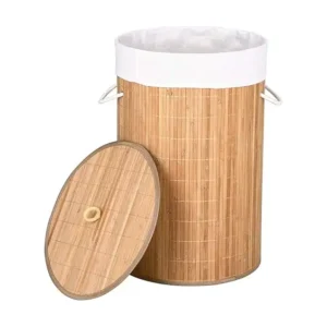 سبت غسيل الملابس المتسخة من باكاجي مصنوع من خشب الخيزران والقماش قابل للطي وموفر للمساحة مع غطاء ومقابض سعة 70 لتر مقاس 38 × 60 سم (طبيعي)