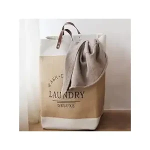 سبت غسيل، سلة ملابس - شنطة تنظيم قابلة للطي ومقاومة للماء، سعة كبيرة مع مقابض جلدية، سبت تخزين ملابس قماش قابل للطي، 50 × 36 × 30 سم (بيج)