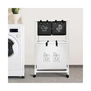 شنطة غسيل الملابس وفرز الغسيل، سبت غسيل بـ 3 أقسام مع عجلات، سلة غسيل دوارة بسعة كبيرة وقابلة للإزالة ومناسبة لتخزين الملابس من XMBecc، (أبيض)