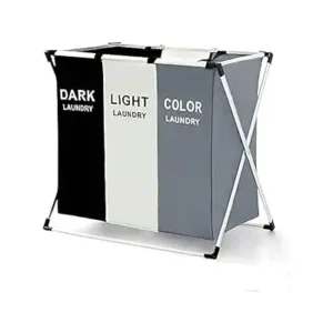 سبت غسيل مكون من 3 اقسام للغامق والفاتح والالوان، سلة/مصنف الملابس قابلة للطي مع شنط اكسفورد مقاومة للماء باطار الومنيوم لتخزين الملابس المغسولة في المنزل والمدينة الجامعية، مقاس 65.5×39.5×60 سم