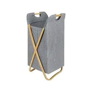 سبت غسيل قابل للطي 60 لترمع إطار ومقابض من البامبو، شنطة تخزين قماشية مقاومة للماء محمولة قابلة للطي مناسبة لغرفة النوم أو الحمام أو غرفة الغسيل من بيل فوس