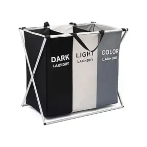 سبت غسيل ومنظم ملابس وشنطة تخزين من 3 أقسام من يو هوم مقاومة للماء بمقبض وإطار من الألومنيوم قابلة للطي للملابس والألعاب مناسبة للحمام وغرفة الغسيل وغرفة النوم والمنزل (3 أقسام- ايه)